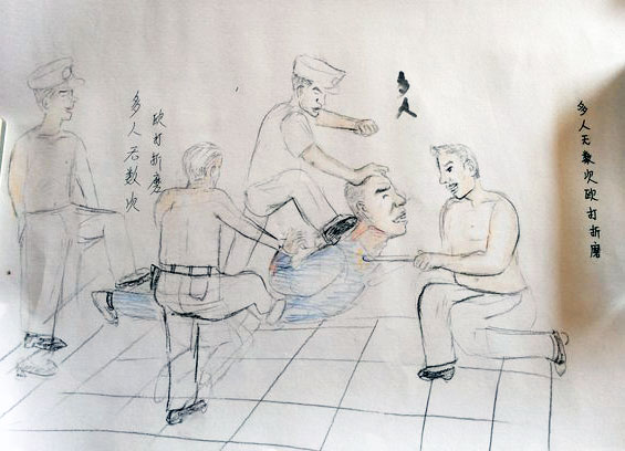 A sketch by truck driver Liu Renwang showing abuse he received in an extralegal detention center, 2014-2015