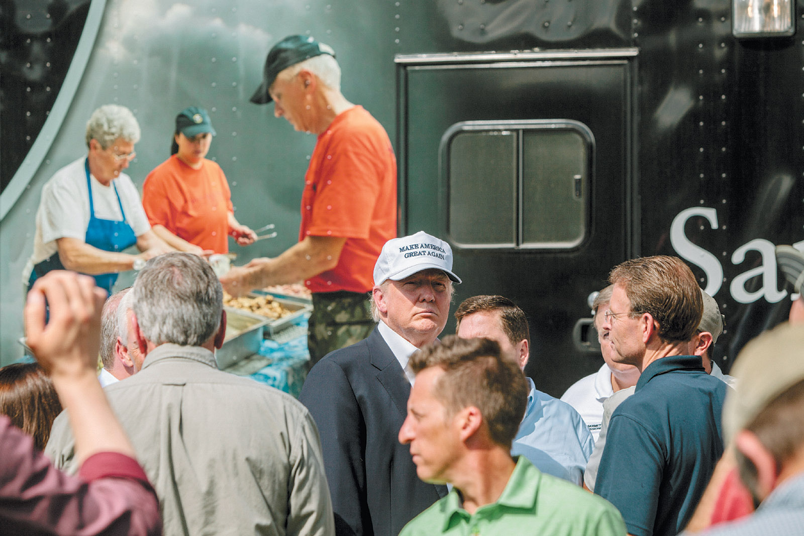 Donald Trump in front of the Samaritan’s Purse mobile kitchen at an event for flood victims, Greenwell Springs Baptist Church, near Baton Rouge, Louisiana, August 2016