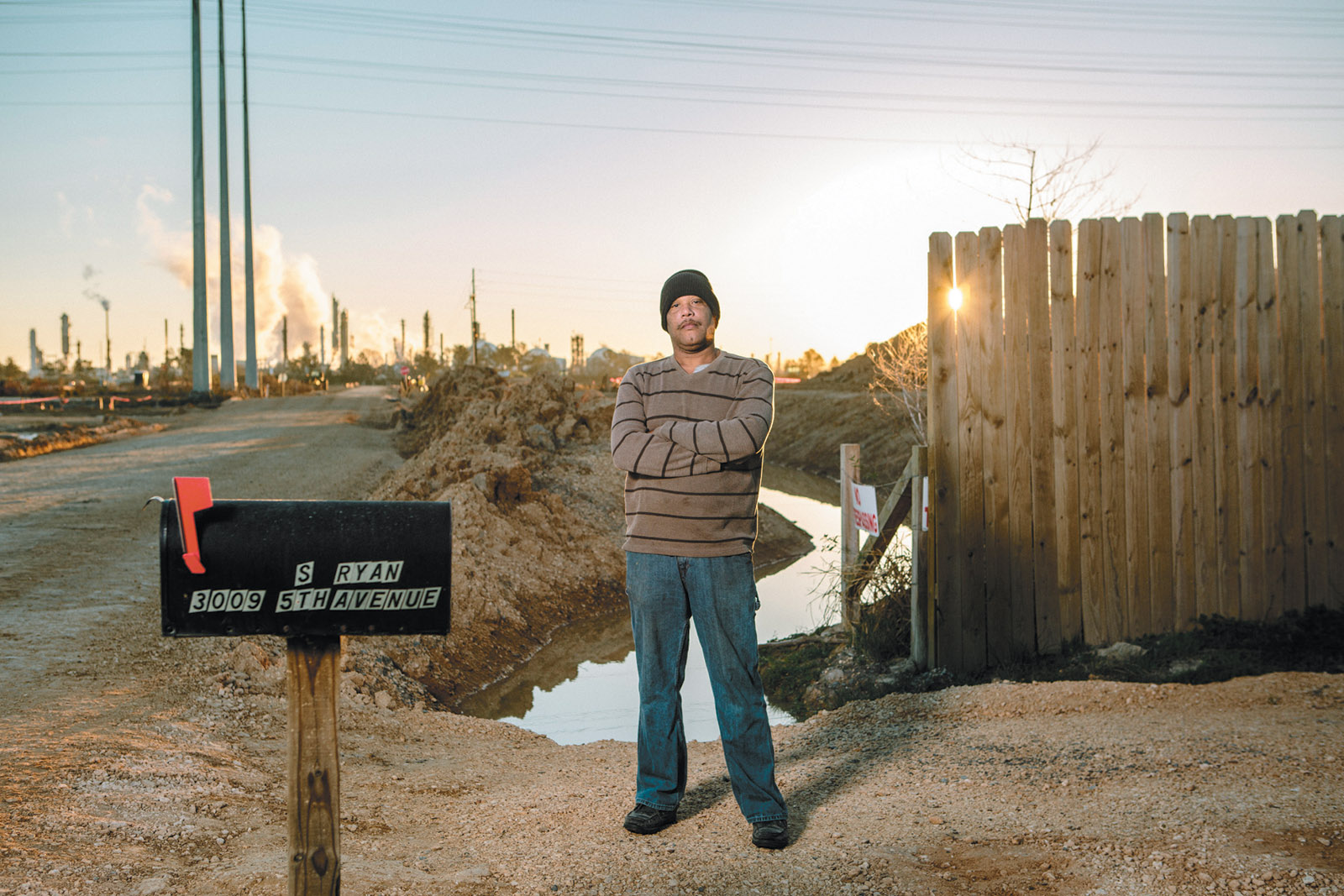 Stacey Ryan, one of the last residents of the heavily polluted town of Mossville, Louisiana, February 2016. Ryan—a descendant of Jacob Moss, the former slave who in 1790 founded one of the first settlements for free blacks in the South—did not want to move, but he was eventually forced to take a buyout from the South African petrochemical company Sasol, which had made his land unlivable as it expanded its facilities into the town.