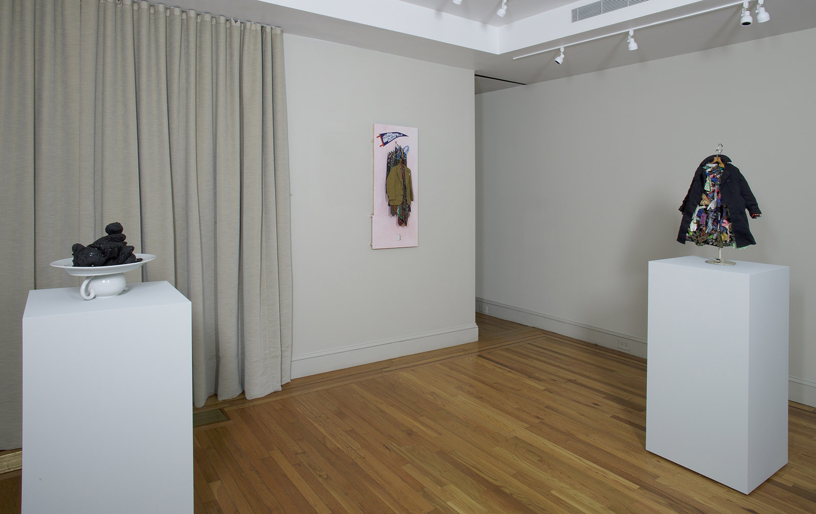 Charles LeDray: Tar Bears (1991), Freedom Train (2013–2015), and Overcoat (2004), on view at the Craig Starr Gallery
