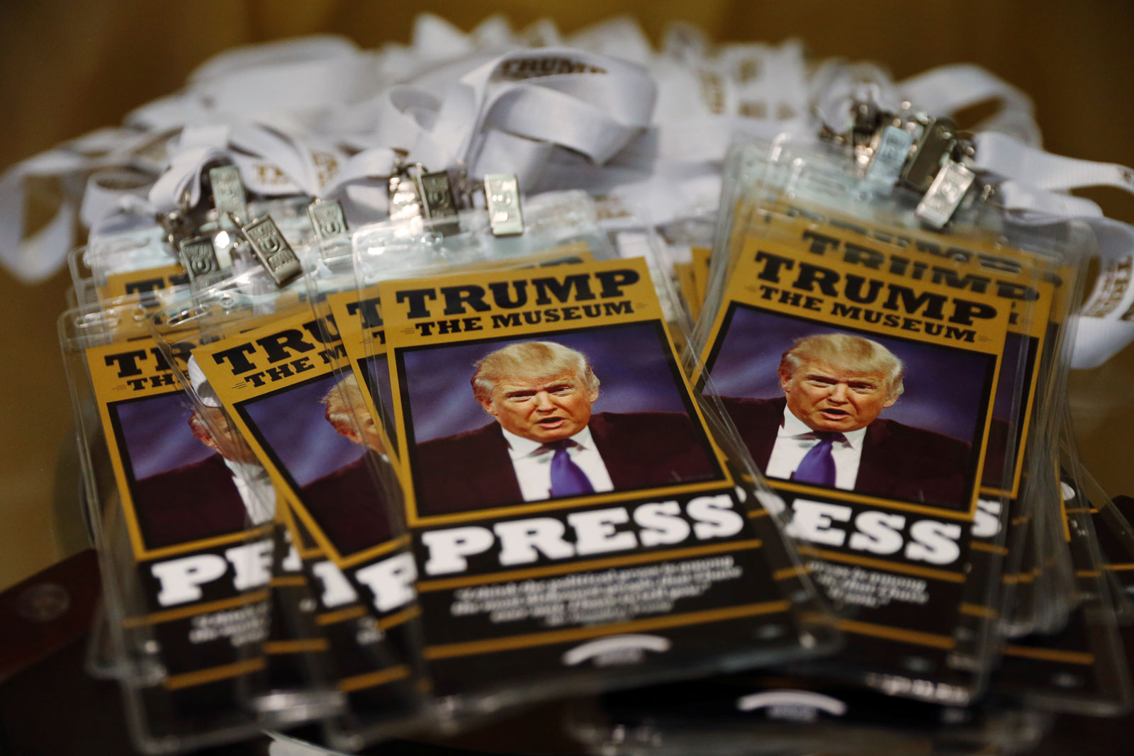 Press passes at an anti-Trump display near the Republican National Convention, Cleveland, Ohio, July 19, 2016