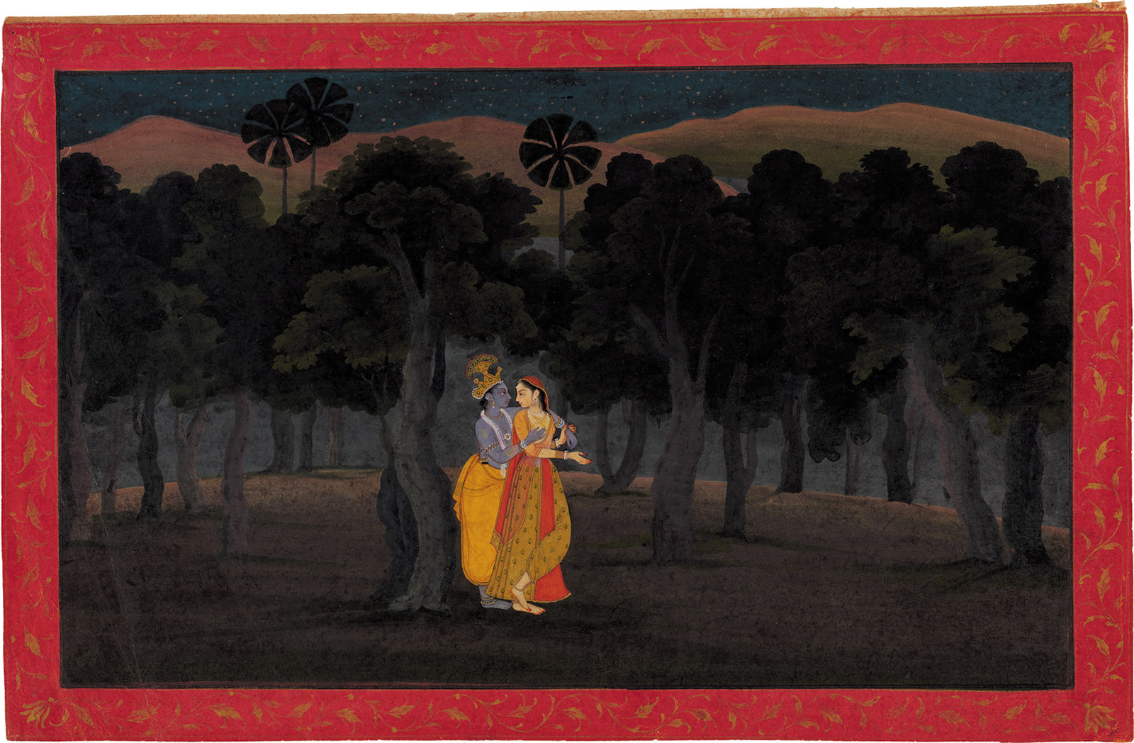 ‘The Lovers Radha and Krishna in a Palm Grove’; miniature painting from the ‘Tehri Garhwal’ Gita ­Govinda (Song of the Cowherds), Punjab Hills, kingdom of Kangra or Guler, circa 1775–1780