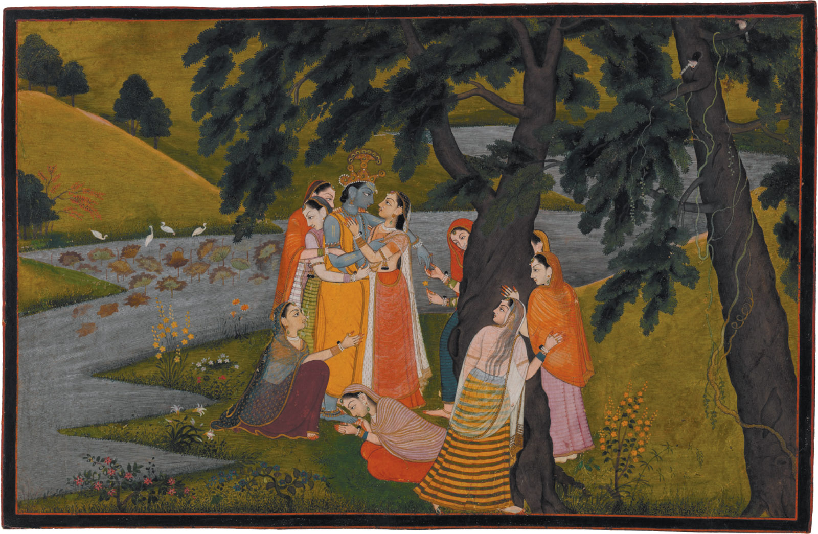 ‘Krishna and the Gopis on the Bank of the Yamuna River’; miniature painting from the ‘Tehri Garwhal’ Gita Govinda, circa 1775–1780