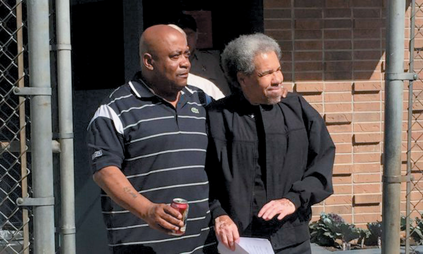Albert Woodfox (right), accompanied by his brother Michel Mable, leaving West Feliciana Parish Detention Center in Louisiana after forty-three years in solitary confinement, February 2016