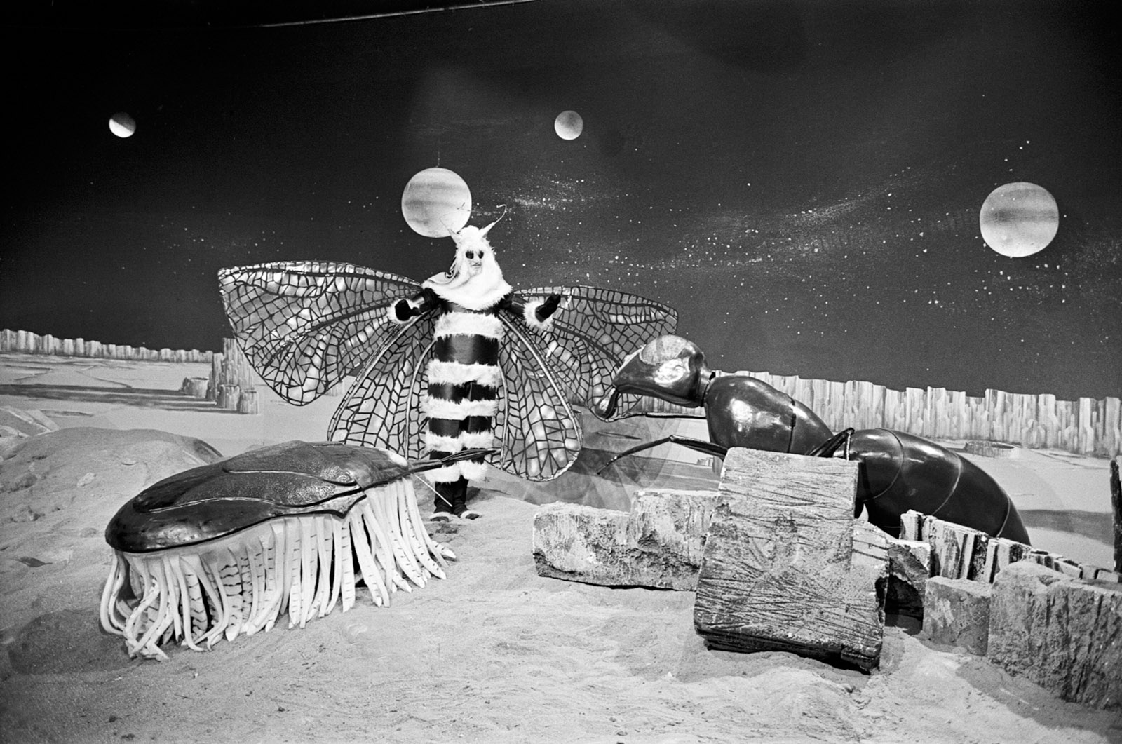 A scene from ‘The Web Planet,’ from the sci-fi television series Doctor Who, in which the Doctor and his crew travel in their time machine to the planet Vortis, home of the butterfly-like Menoptera (center), the ant-like Zarbi (right), and the Zarbi’s woodlouse-like Larvae Gun (left), 1965 