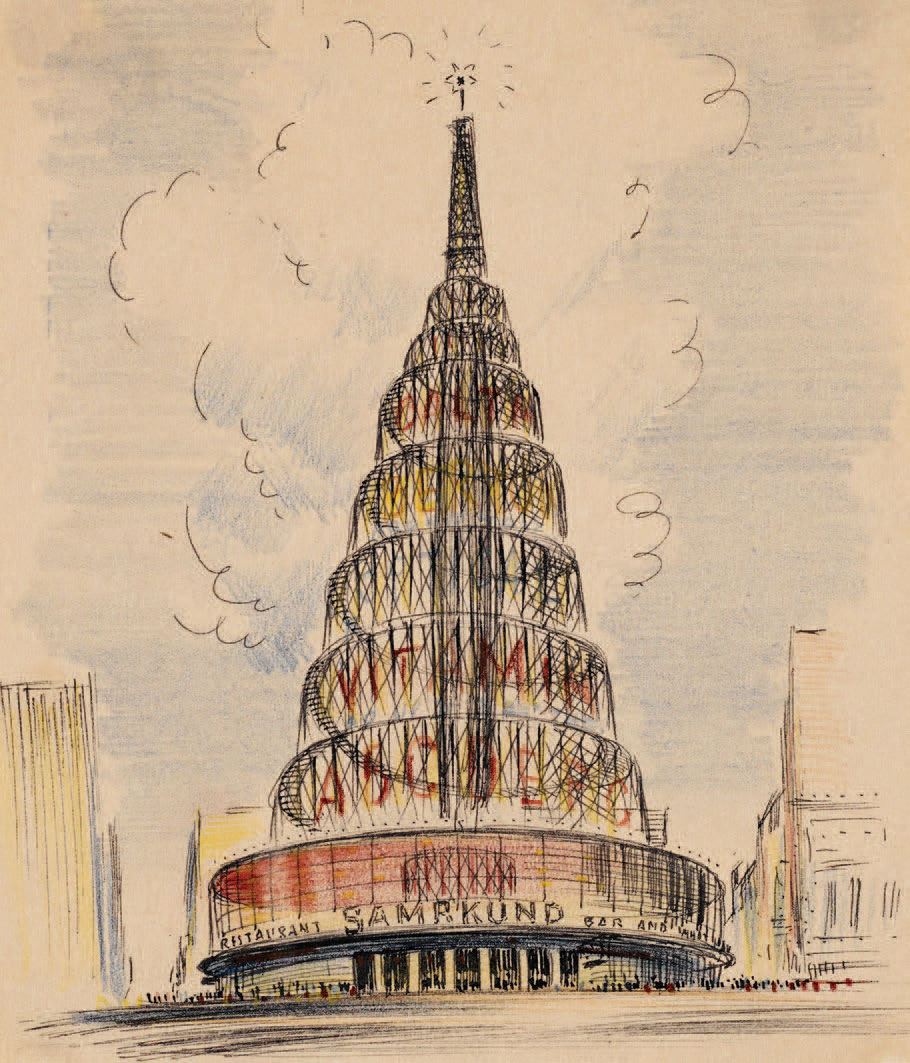 Ely Jacques Kahn's sketch of Dowling Theater, 1945; the layer-cake superstructure doubles as a marquee
