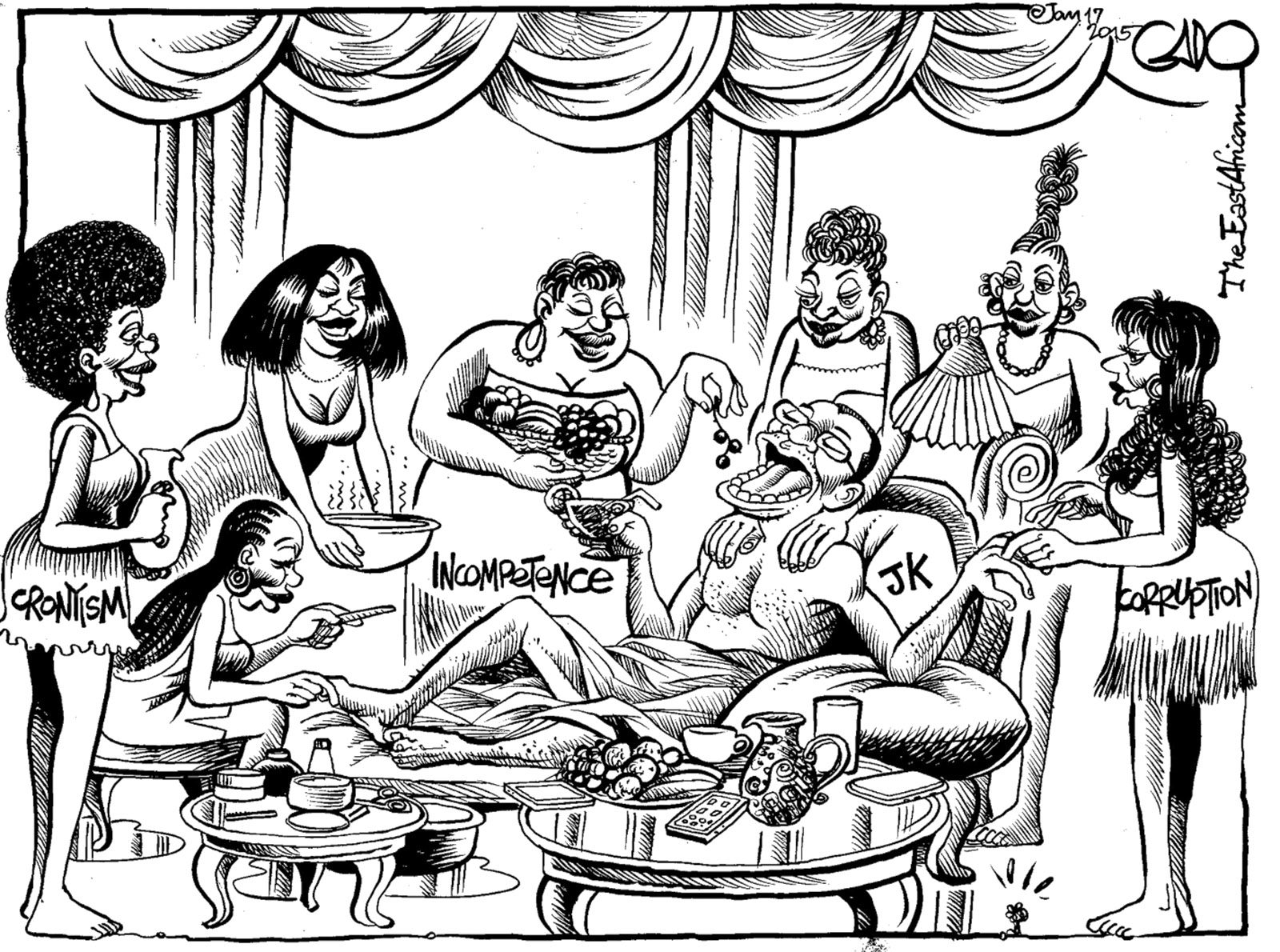 Tanzanian President Jakaya Kikwete surrounded by Cronyism, Incompetence, and Corruption; drawing by the well-known cartoonist Gado. Its publication in the East African in January 2015 led to the temporary banning of the newspaper from Tanzania and eventually to Gado’s dismissal from its sister newspaper, the Nation, published in Nairobi, Kenya, where he had worked since 1992.