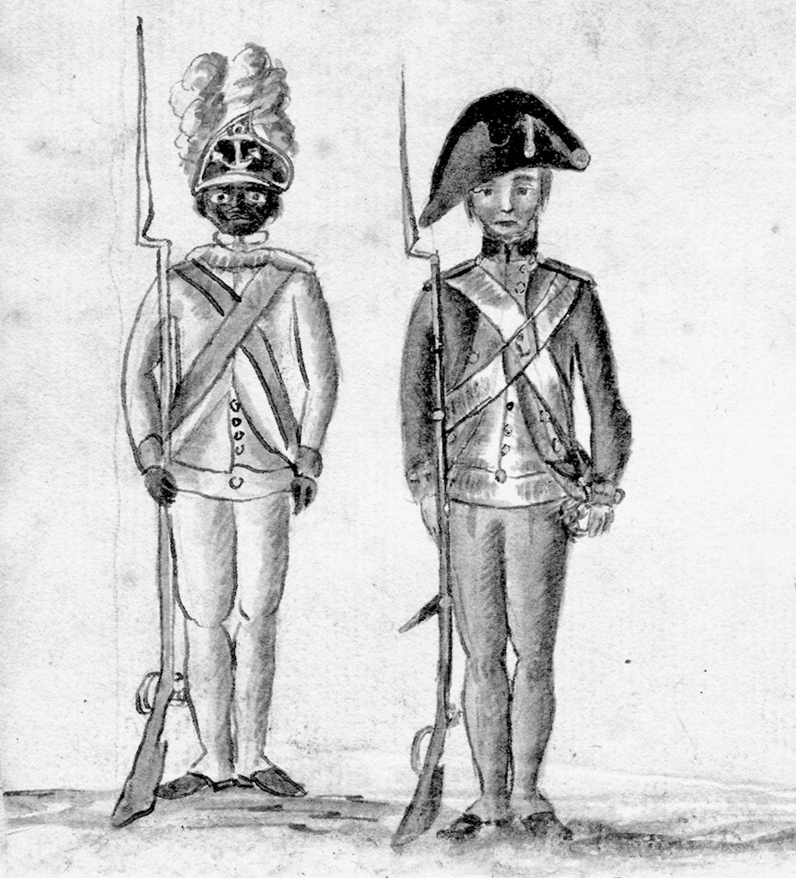 At left, a black soldier in the Yorktown campaign; detail of a sketch by Jean Baptiste Antoine de Verger, circa 1781