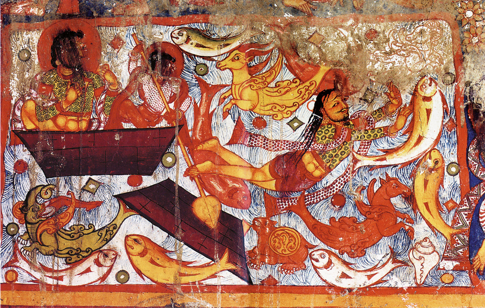 Avalokiteshvara painting of a fisherman in distress during a storm, in the northeast stupa of the Mother Monastery in Tholing, Kashmiri origin, possibly of the foundation period