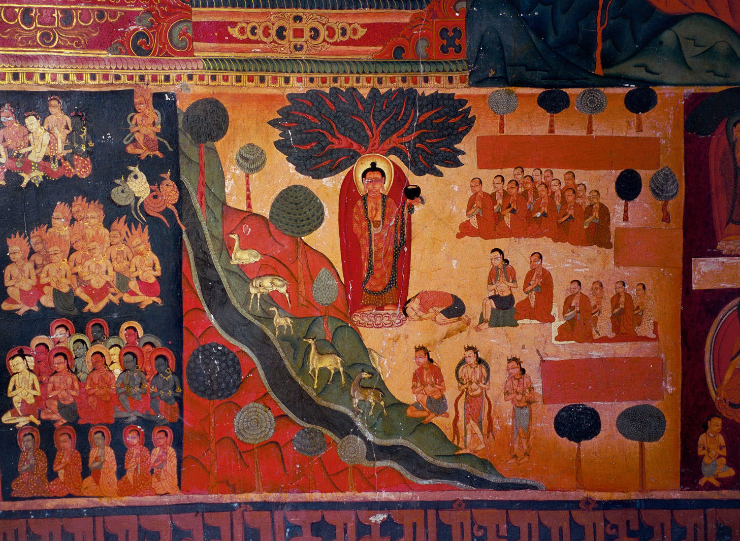 Painting showing the story of the Conversion of the Householder Yasa, who became a mendicant and was established as an Arhat, in the Red Temple in Tsparang, Guge, 1436-1449 (?)