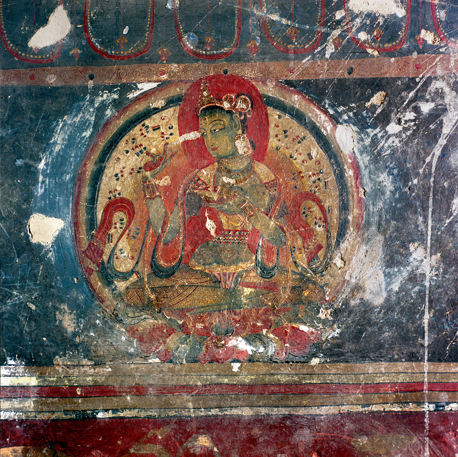 Detail of a wall painting showing the inner offering goddess Gandha holding a shell filled with perfume, Nako, late eleventh or early twelfth century
