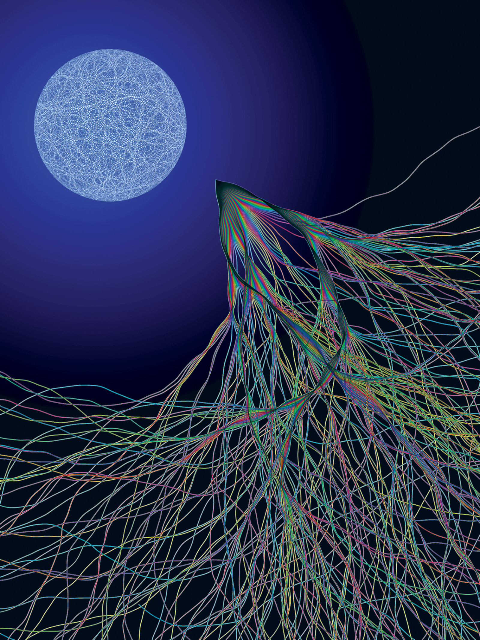 The physicist Eric J. Heller’s Transport XIII (2003), inspired by electron flow experiments conducted at Harvard. According to Heller, the image ‘shows two kinds of chaos: a random quantum wave on the surface of a sphere, and chaotic classical electron paths in a semiconductor launched over a range of angles from a particular point. Even though one is quantum mechanical and the other classical, they are related: the chaotic classical paths cause random quantum waves to appear when the classical system is solved quantum mechanically.’