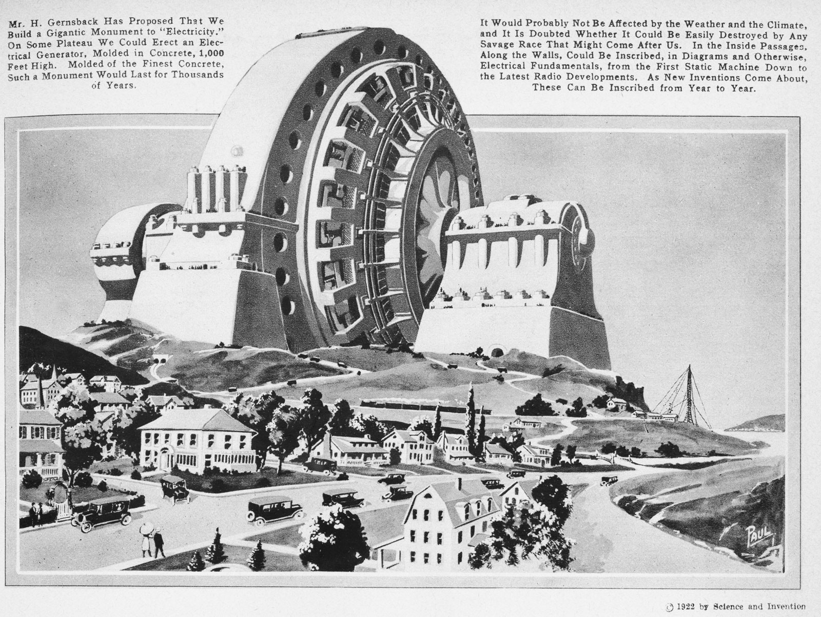 Gernsback's proposal for a "Gigantic Monument to Electricity," from <em>Science and Invention</em>, October, 1922