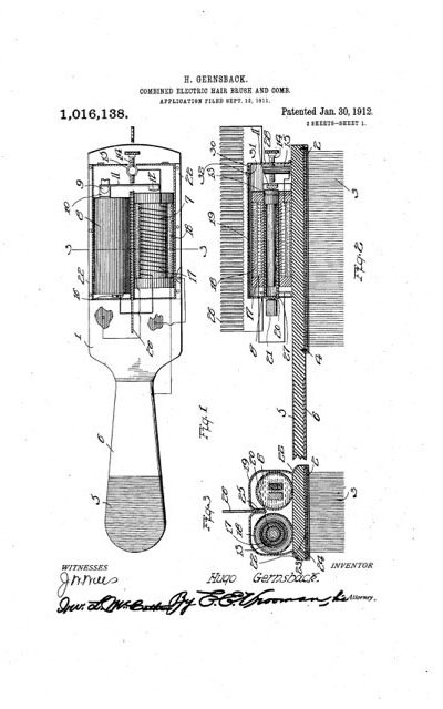 Patent for Gernsback's electrical hairbrush, 1912
