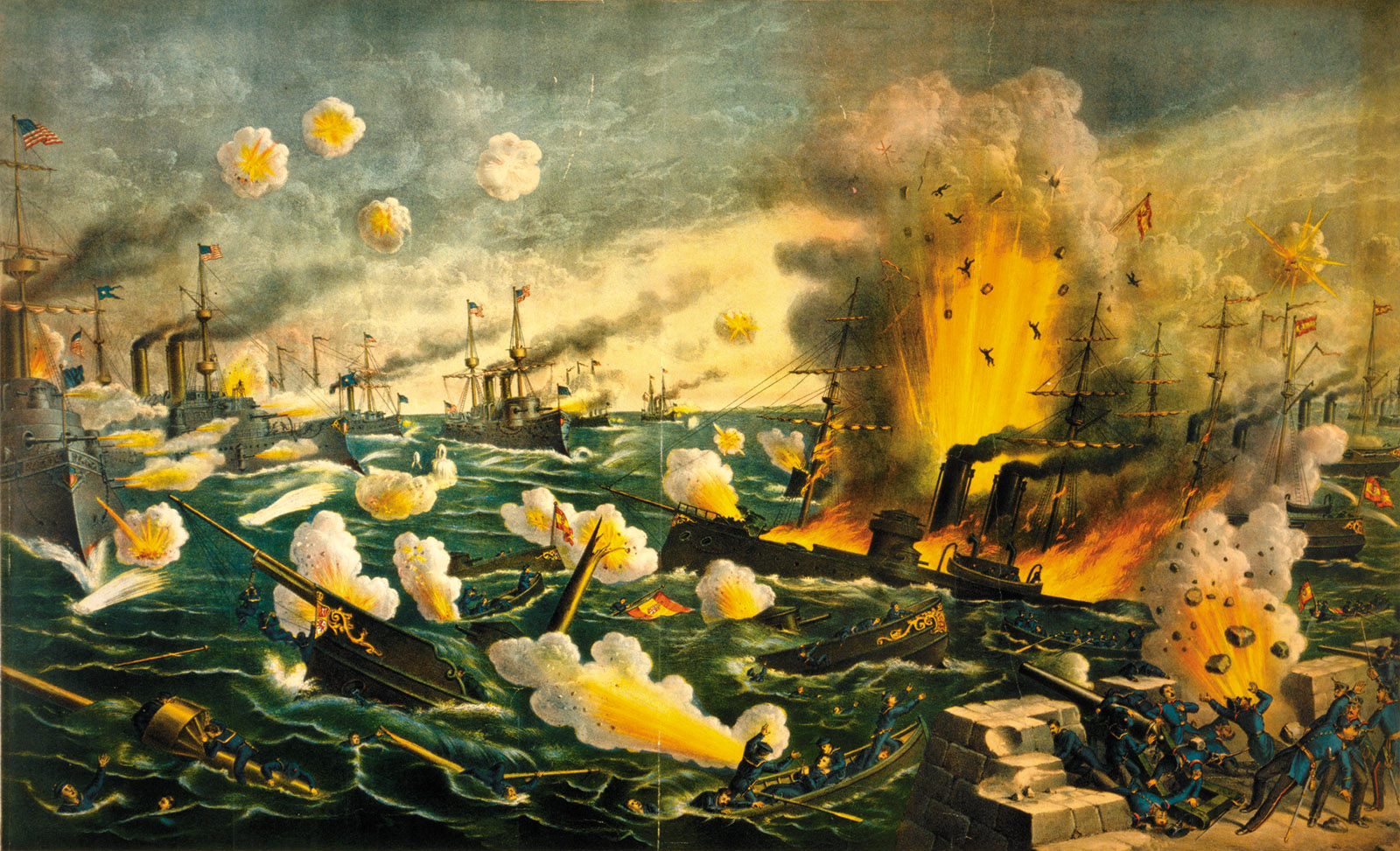 ‘The Great Naval Battle Off Cavite (Manila Bay),’ in which the US squadron led by Commodore George Dewey defeated the Spanish fleet in the first major engagement of the Spanish-American War, May 1, 1898