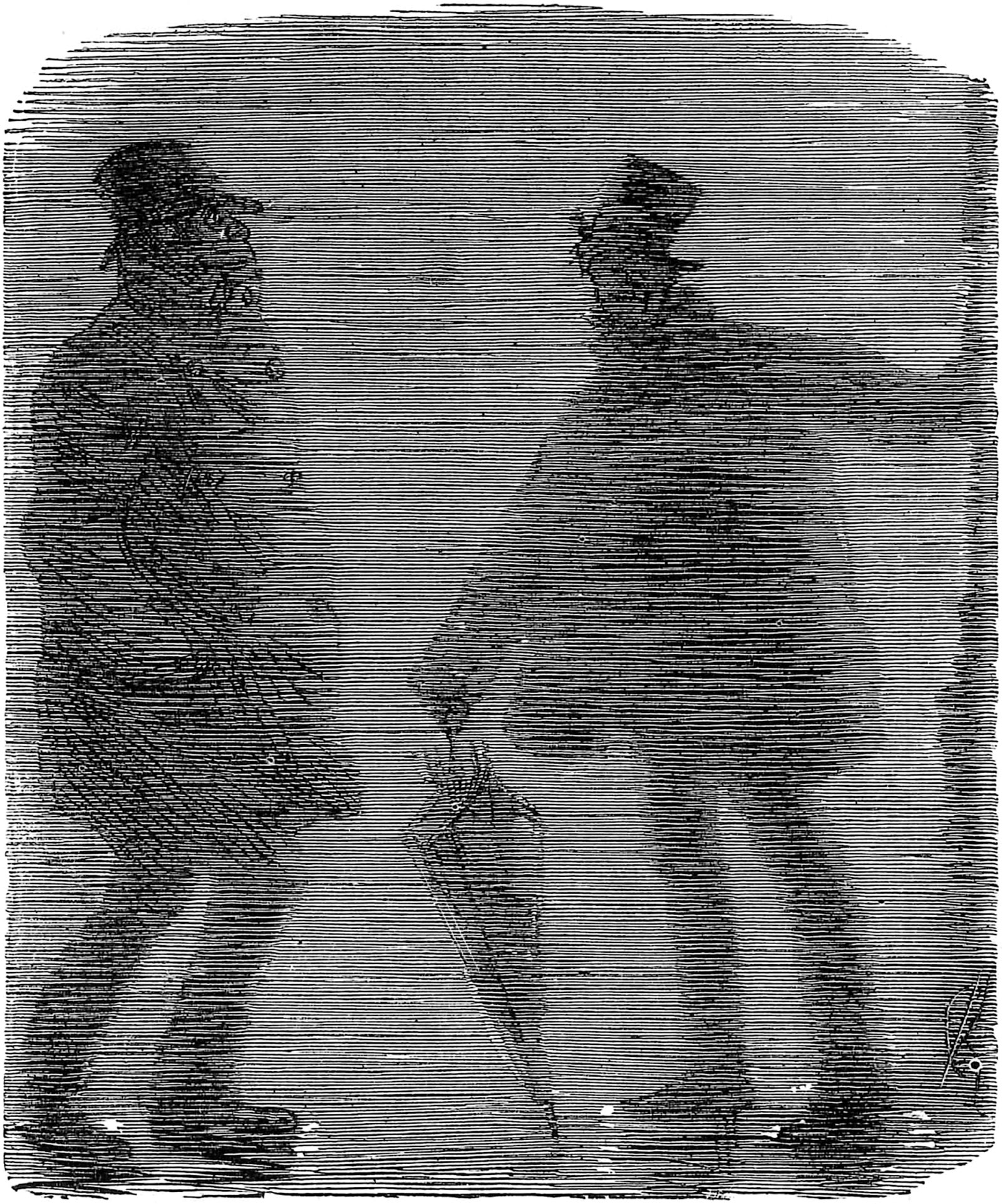 ‘Be-Fogged’; cartoon by Charles Keene from Punch, 1880. The caption says: ‘Polite Old Gentleman (in the Fog). “Pray, Sir, can you kindly tell me if I’m going right for London Bridge?” Shadowy Stranger. “Lum Bri’gsh? Goo’ Joke! ’Nother Man ’shame Shtate’s myshelf! I wan’ t’ fin’ Lum Bri’gsh, too! Ta’ my Arm—” [Old Gent hurries off!]’
