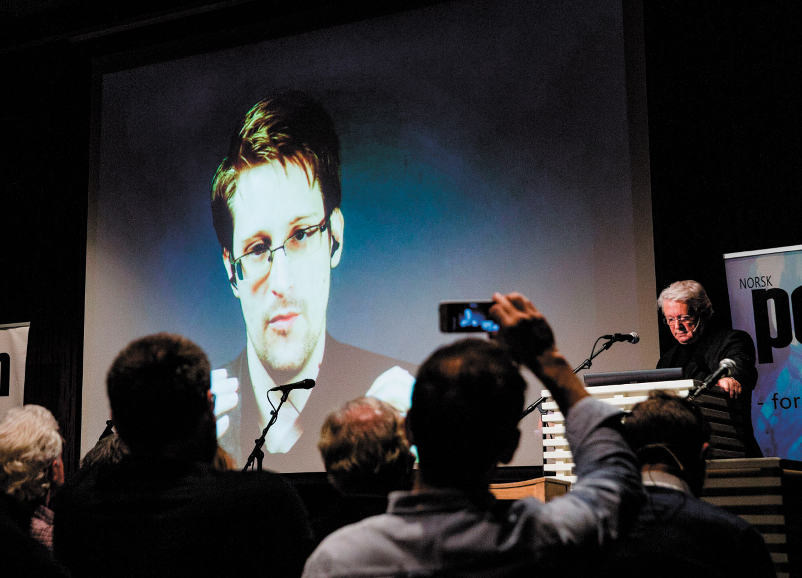 Edward Snowden seen live from Moscow at the Norwegian PEN event ‘Waiting for Snowden,’ where he was awarded the Ossietzky Prize for ‘outstanding contributions to freedom of expression,’ Oslo, November 2016