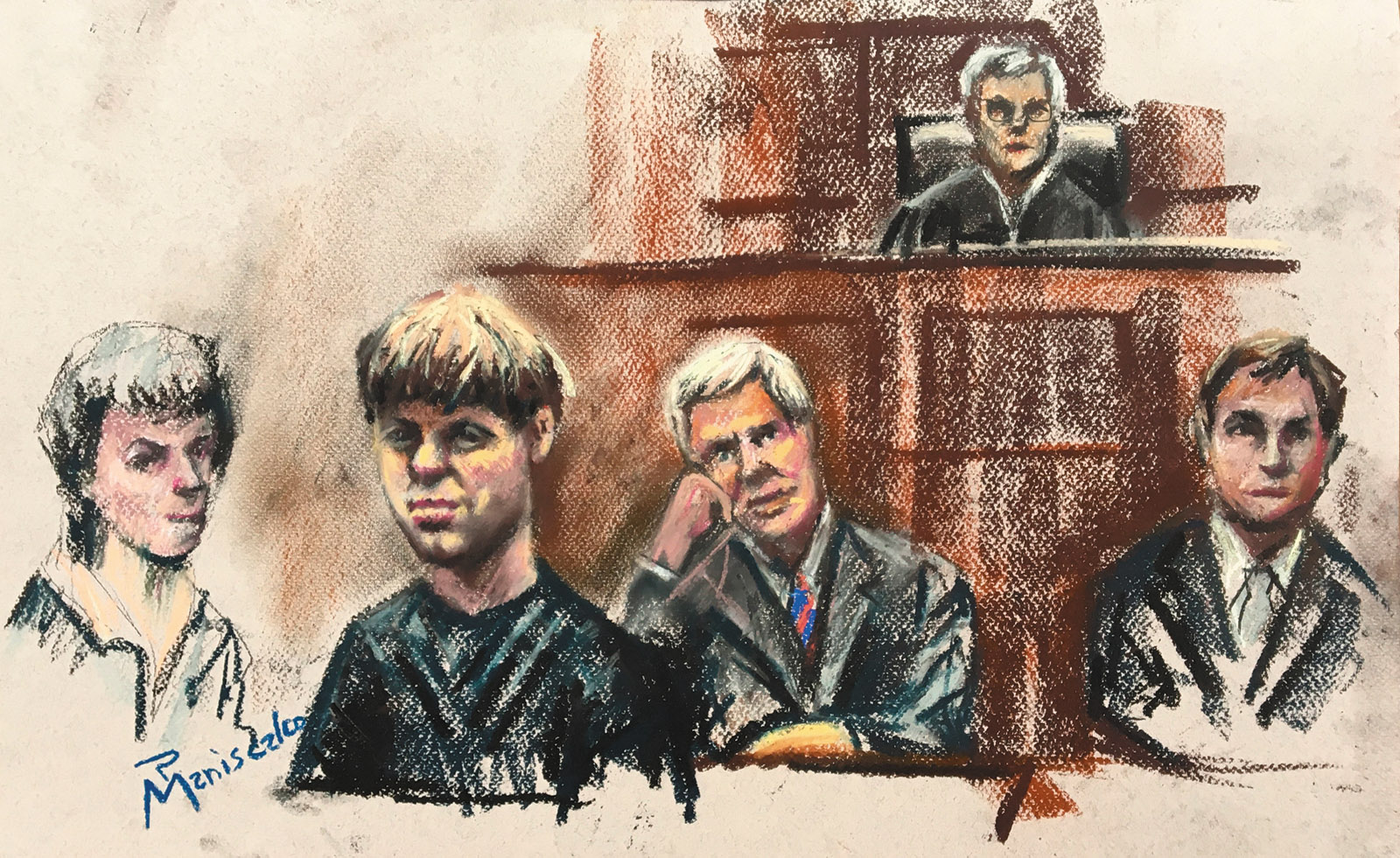 Dylann Roof (second from left) during the initial stage of jury selection for his trial for the murder of nine worshipers at the Emanuel African Methodist Episcopal Church, Charleston, South Carolina, September 2016
