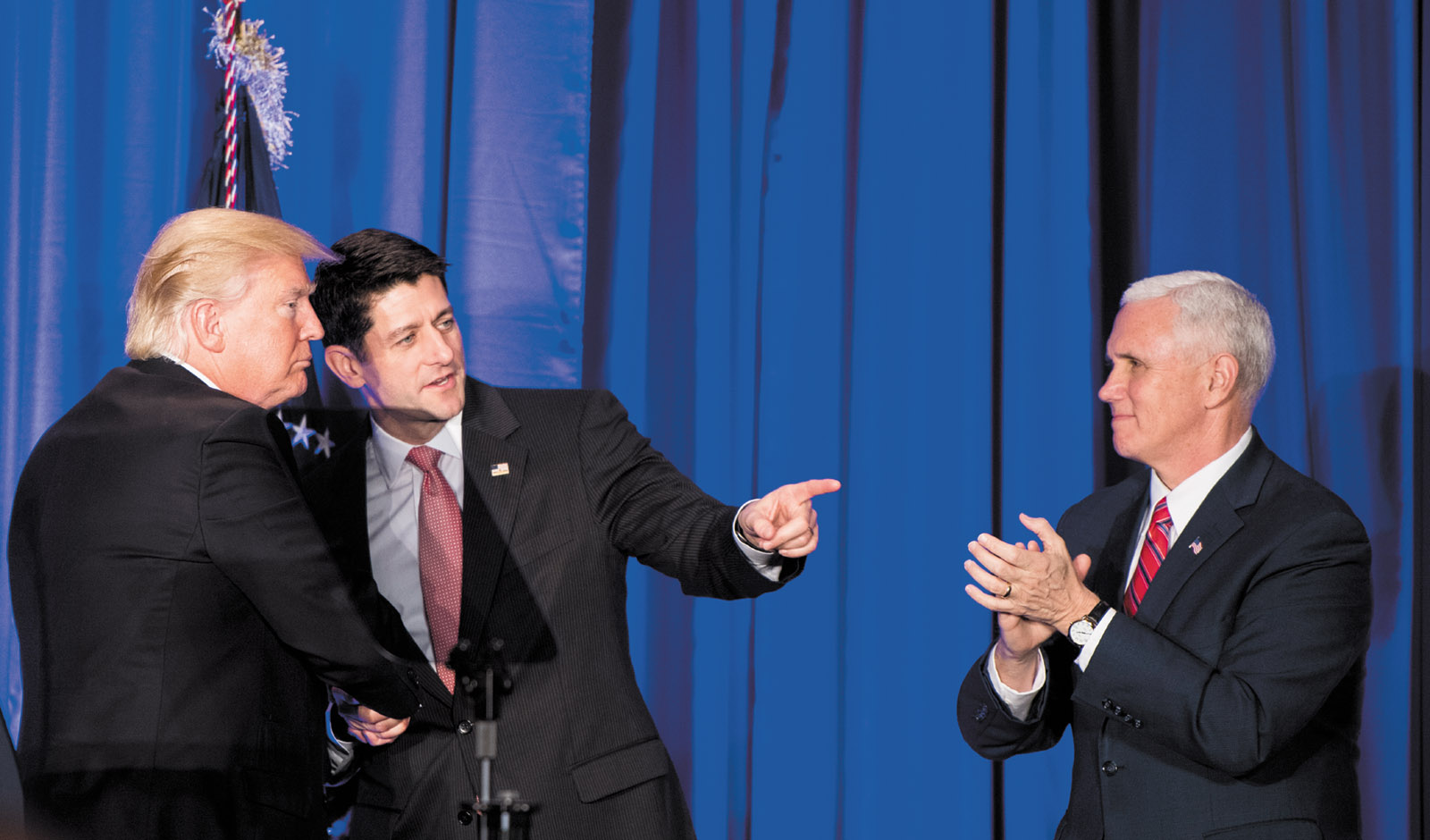 President Donald Trump, House Speaker Paul Ryan, and Vice President Mike Pence at the GOP congressional retreat, Philadelphia, January 2017
