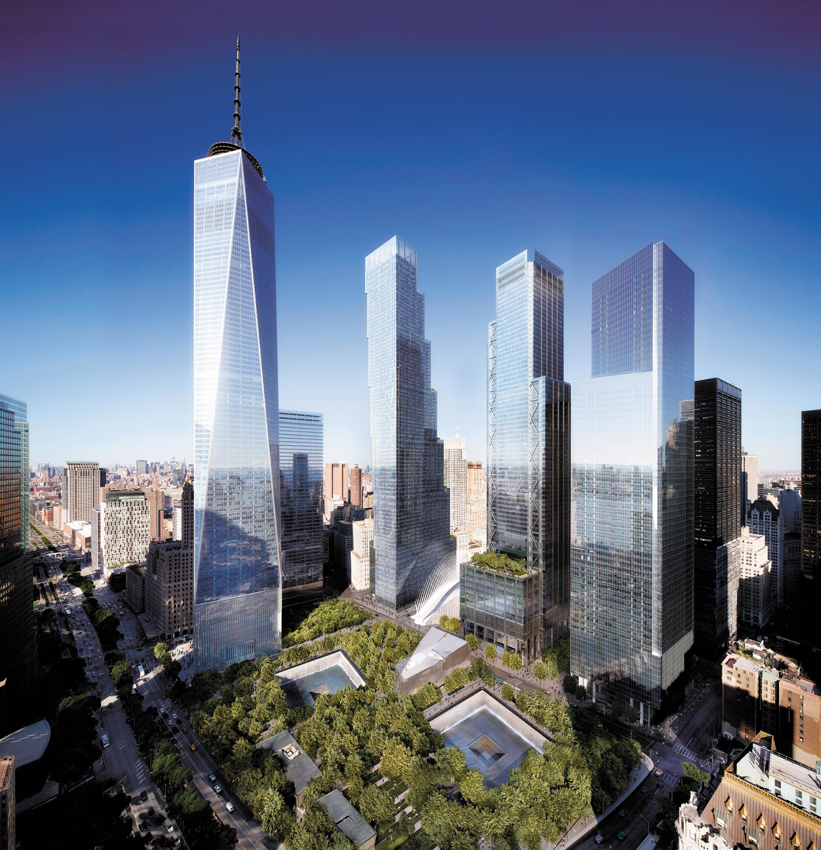 A rendering of the new World Trade Center buildings in Lower Manhattan, with the reflecting pools of the National September 11 Memorial in the foreground. Three of the buildings have been completed, including One World Trade Center (far left).