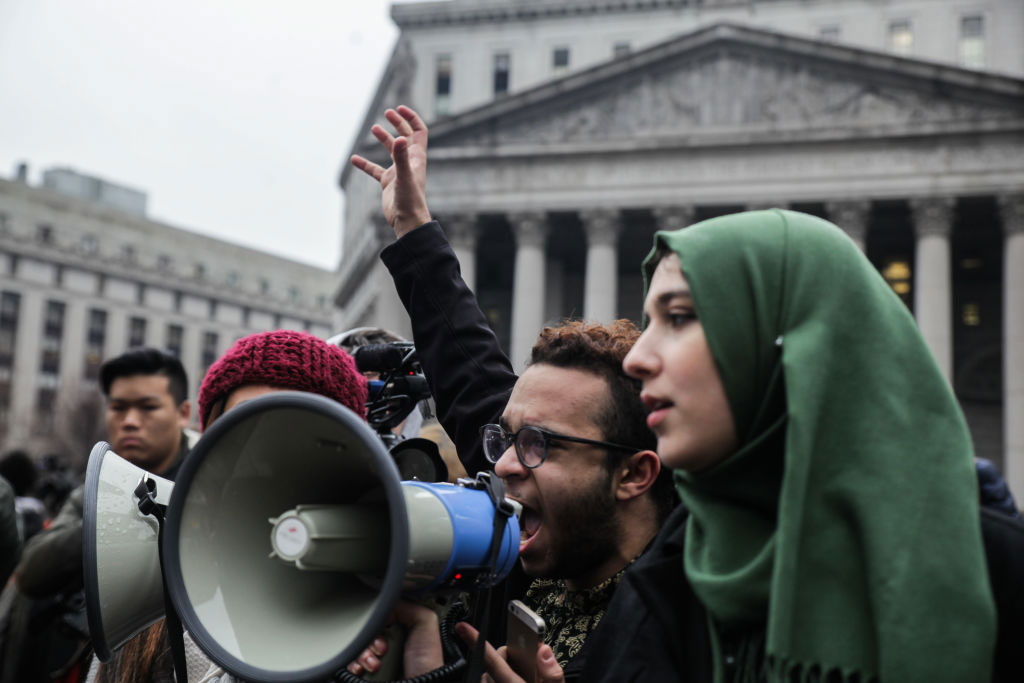 High school students protesting Trump's travel ban at Foley Square, New York City, February 7, 2017