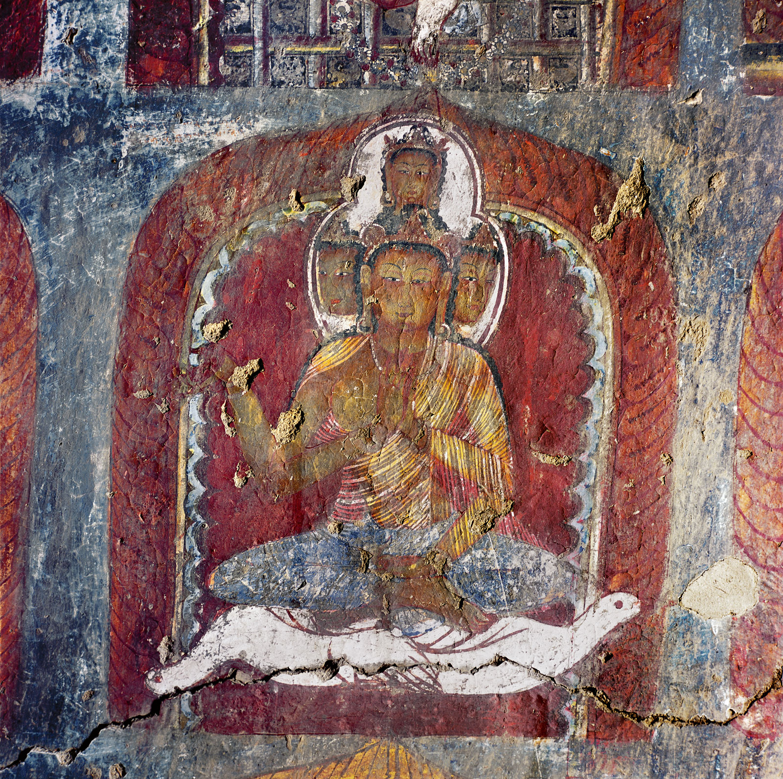 Detail of a wall painting showing Brahma, the God of Creation, with four heads and four arms, riding two geese, Nako, late eleventh to early twelfth century