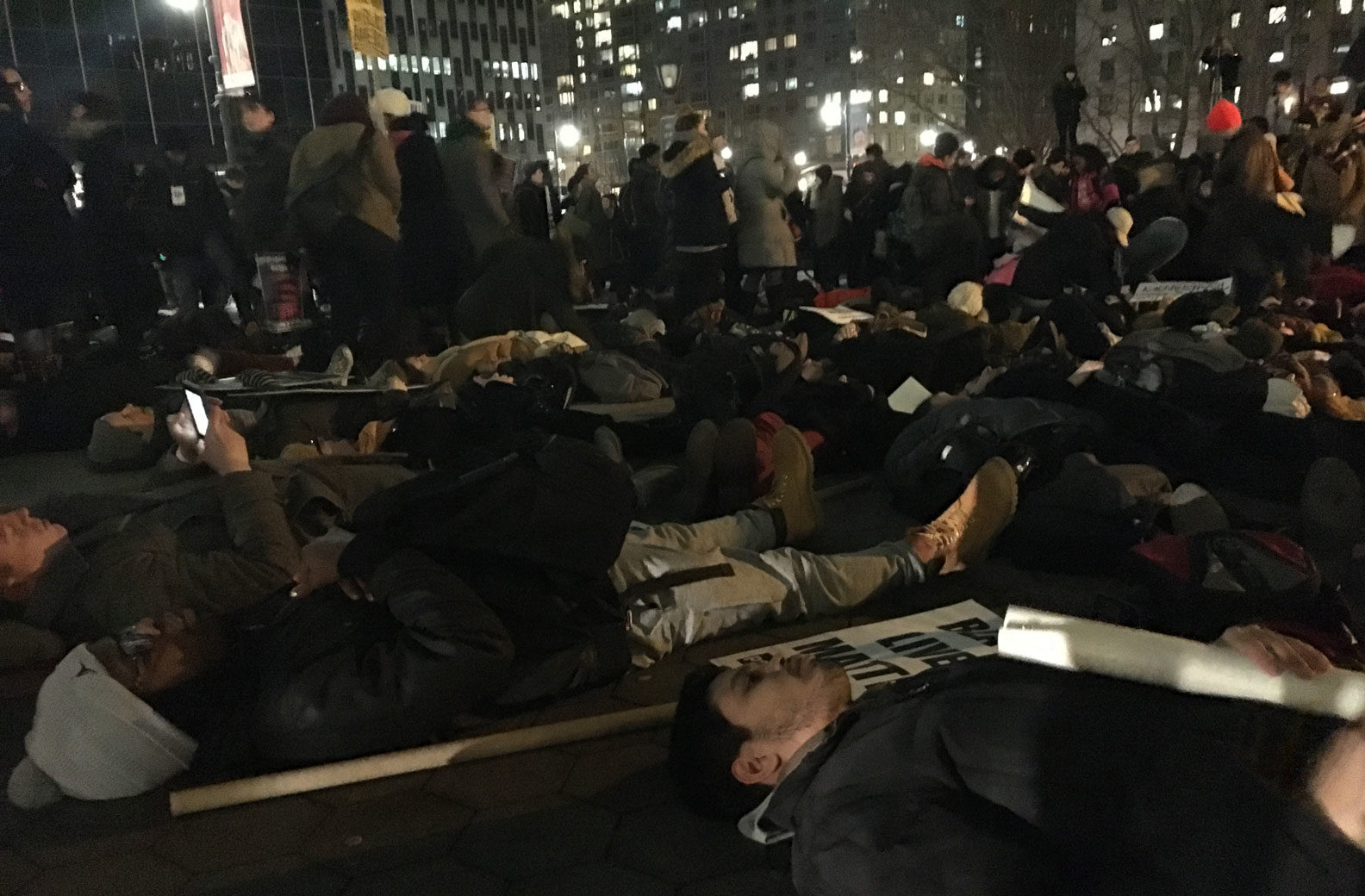 Protesters participating in a "die-in" during the action on Thursday night, Foley Square, Manhattan, February 2, 2017