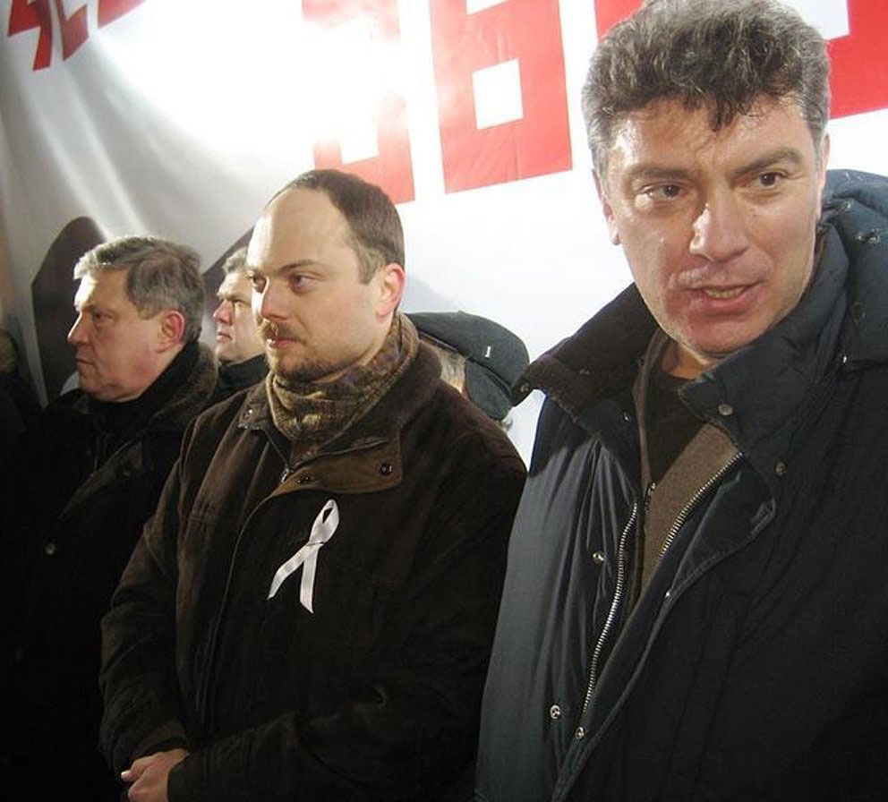 Vladimir Kara-Murza and slain Russian politician Boris Nemtsov, at an opposition rally, Moscow, March 5, 2012