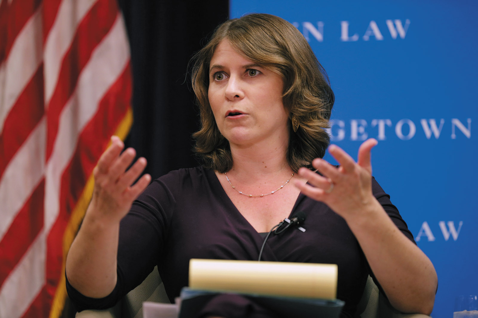 Rosa Brooks moderating a discussion on ‘the next generation’s human rights challenges’ during a program that was cosponsored by The New York Review, Georgetown University Law Center, Washington, D.C., April 2014