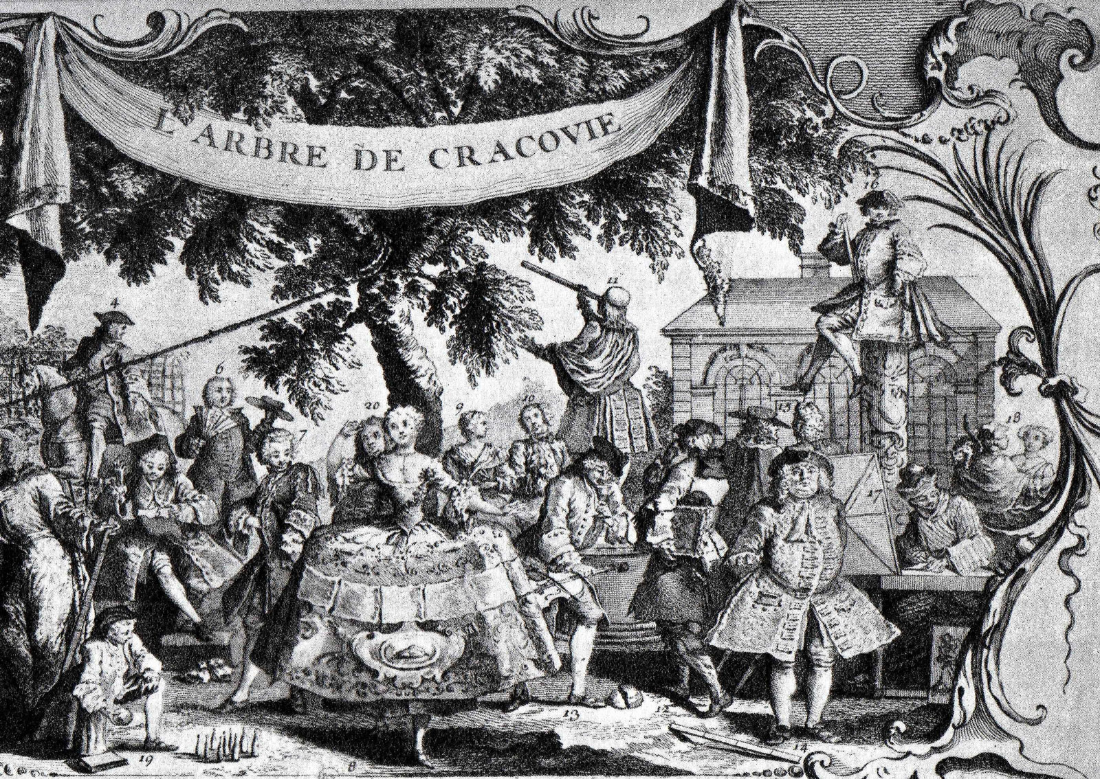 A print depicting the Tree of Cracow, in the gardens of the Palais Royal, circa 1742