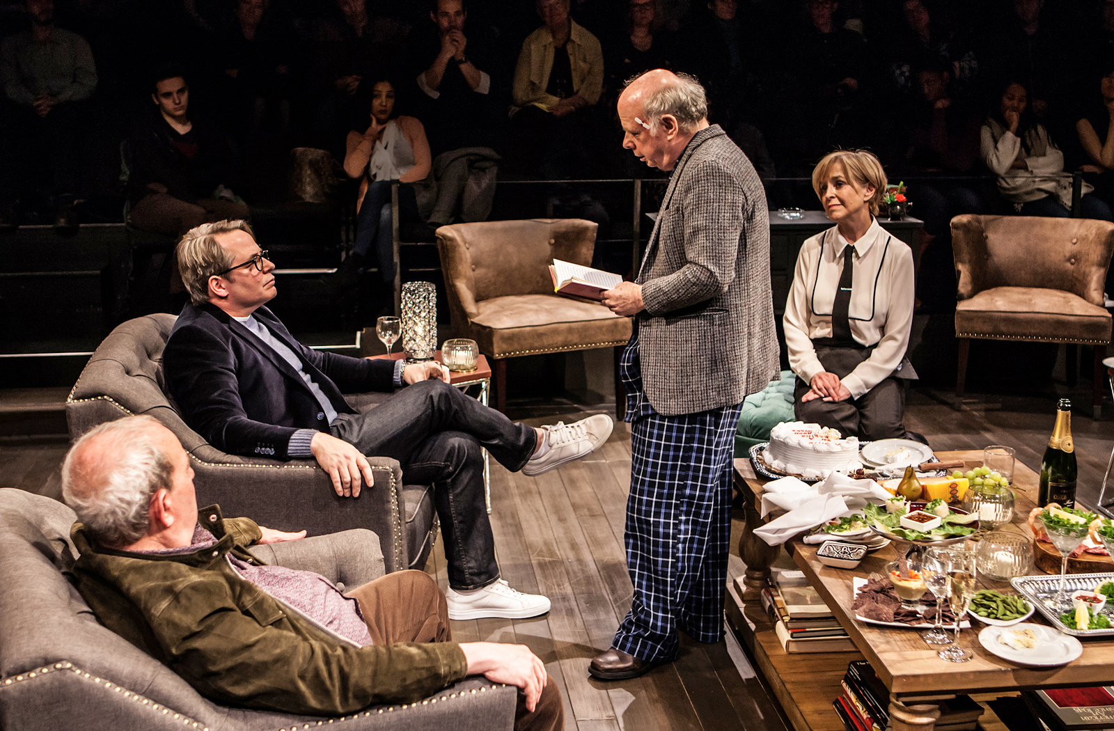 Michael Tucker, Matthew Broderick, Wallace Shawn, and Jill Eikenberry in Wallace Shawn’s <em>Evening at the Talk House</em>, 2017