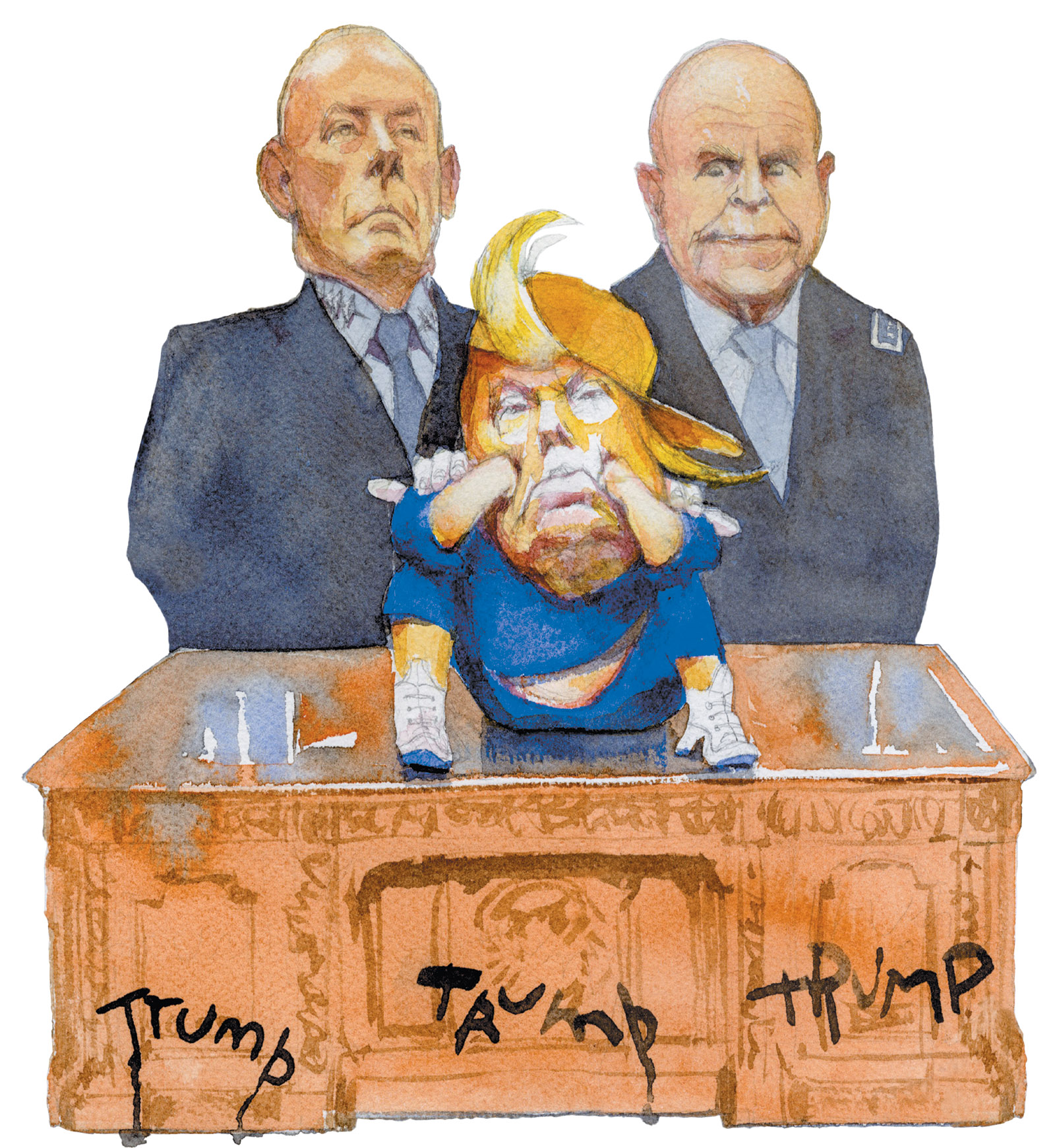 John Kelly, Donald Trump and H.R. McMaster; drawing by Siegfried Woldhek