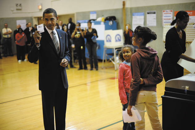 The Obama family voting in Chicago on Election Day, November 4, 2008; photograph by Scout Tufankjian from her book Yes We Can: Barack Obama’s History-Making Presidential Campaign, just published by Melcher Media/powerHouse Books