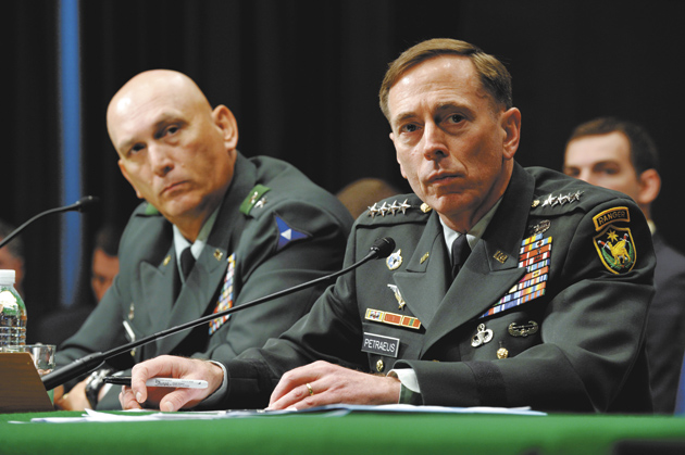 General David Petraeus, right, and General Raymond Odierno testifying before the Senate Armed Services Committee, Washington, D.C., May 22, 2008. In September 2008, General Odierno succeeded General Petraeus as the top American commander in Iraq, and General Petraeus became head of Central Command.
