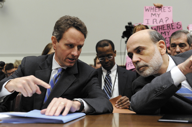 Treasury Secretary Timothy Geithner and Federal Reserve Chairman Ben Bernanke at a congressional hearing on oversight of the federal government’s intervention at AIG, Washington, D.C., March 24, 2009
