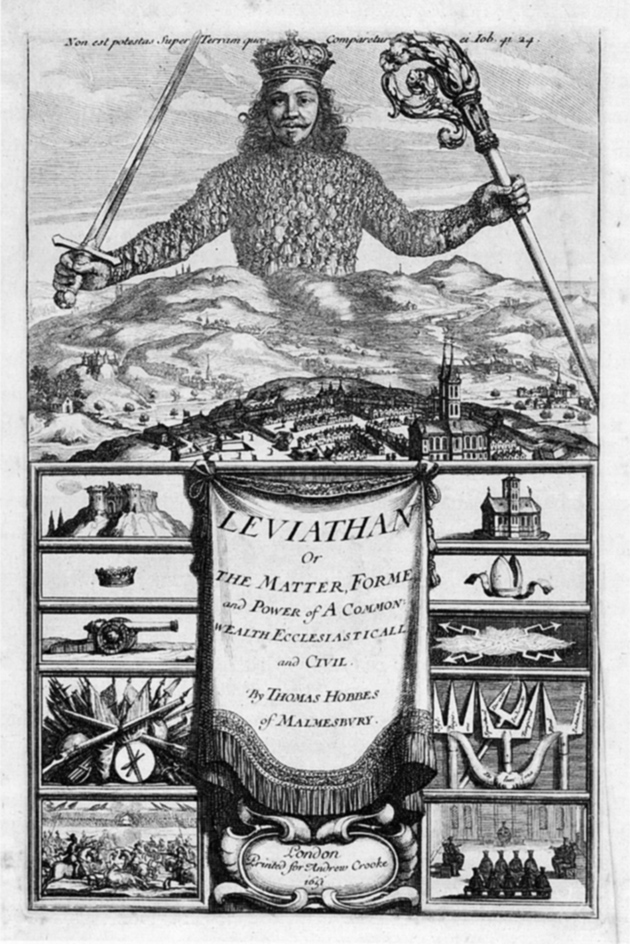 The frontispiece to Leviathan, which ‘graphically portrays a crowned sovereign as the literal embodiment of the people, who have united to enthrone him’
