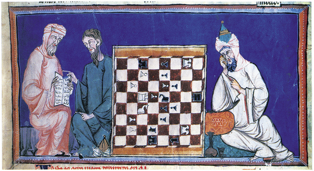 A Christian consulting an Arabic text during a chess game with a Muslim, in an illumination from the Libro de ajedrez, dados y tables (Book of Chess, Dice, and Tables) of Alfonso X the Learned, 1283; from The Arts of Intimacy