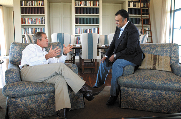 George W. Bush and Saudi Arabian Ambassador Prince Bandar bin Sultan at the President's ranch, Crawford, Texas, August 27, 2002