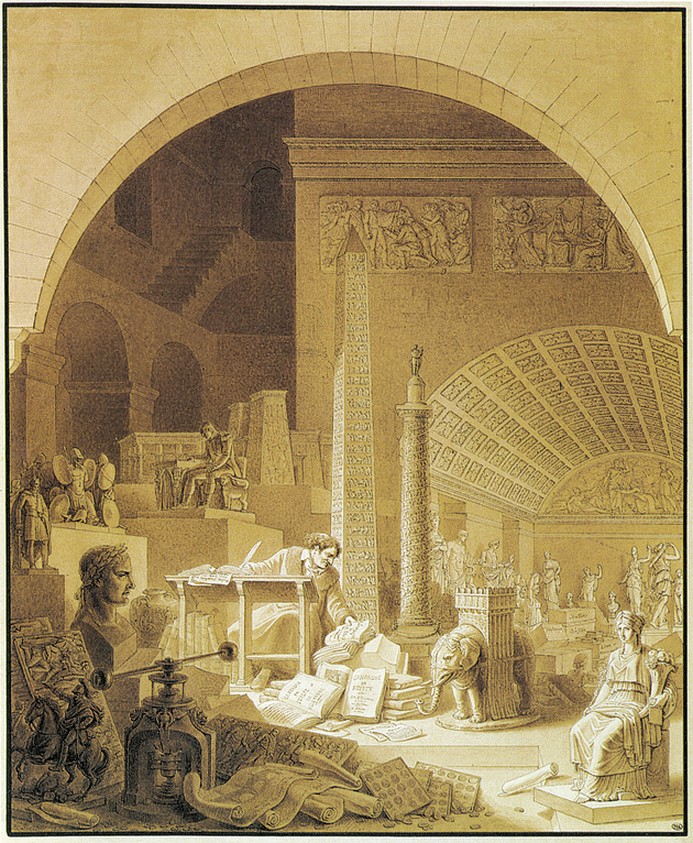 Benjamin Zix: Allegorical Portrait of Vivant Denon, 1811. Denon, whom Napoleon appointed the first director of French museums, is depicted at the entrance to the Louvre’s Salle de Diane, surrounded by, among other objects, the Vendôme Column; an obelisk planned for the Pont Neuf; the elephant fountain planned for the Place de la Bastille (see page 32); and two statues of Napoleon, a bust and a seated figure (left).