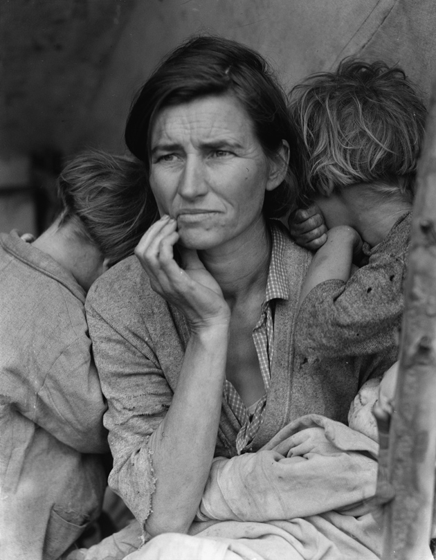 ‘Migrant Mother,’ Nipomo, California, 1936; photographs by Dorothea Lange. Her original caption for this photograph was ‘Destitute peapickers in California; a 32 year old mother of seven children. February 1936.’
