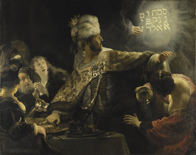 Rembrandt: Belshazzar’s Feast, circa 1636–1638, showing the moment when a divine hand appeared before the Babylonian King Belshazzar and wrote on the wall a phrase interpreted by Daniel to mean: ‘God has numbered the days of your kingdom and brought it to an end; you have been weighed in the balances and found wanting; your kingdom is given to the Medes and Persians.’ Belshazzar was slain that night.
