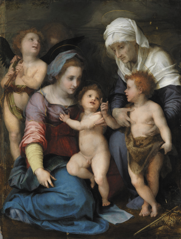 Andrea del Sarto: The Holy Family with John the Baptist, Elizabeth, and Two Angels, circa 1514; from the collection of the Alte Pinakothek, Munich
