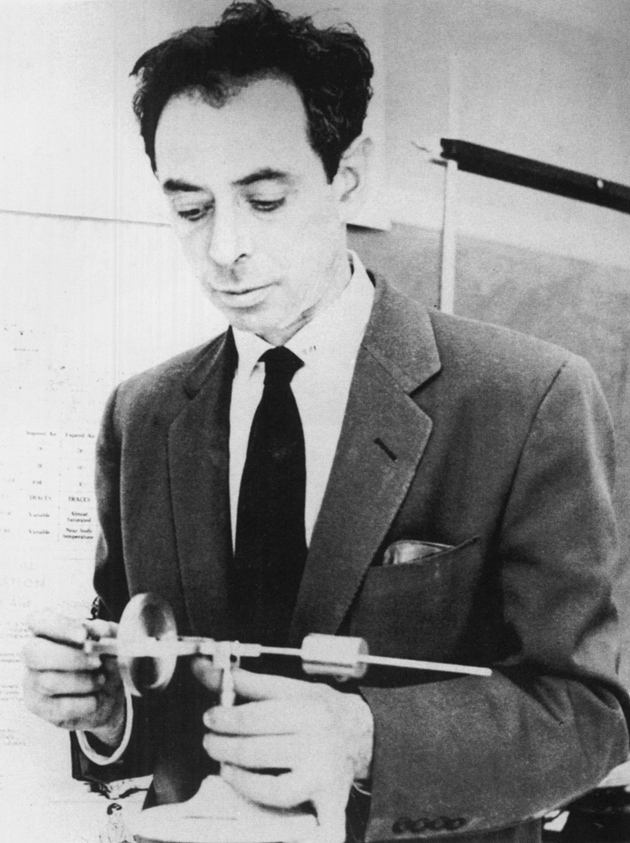 Frank Oppenheimer with a gyroscope at Pagosa Springs High School, where he taught in the late 1950s
