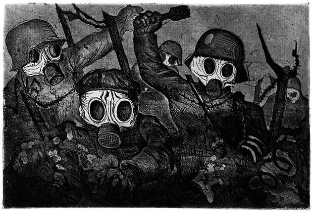Otto Dix: Shock Troops Advance under Gas, 1924; etching from the exhibition ‘Otto Dix,’ at the Neue Galerie, New York City, March 11–August 30, 2010. The catalog is edited by Olaf Peters and published by Prestel.
