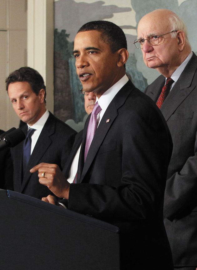 President Barack Obama delivering a statement about financial reform at the White House, January 21, 2010. With him are Treasury Secretary Timothy Geithner, Representative Barney Frank, and Economic Recovery Advisory Board Chairman Paul Volcker.
