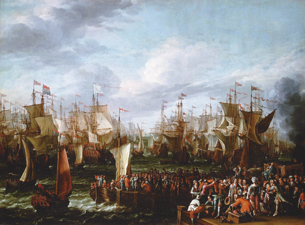 ‘William of Orange sets out to invade the British Isles,’ 1688; painting in the style of Abraham Stock; illustrations from Lisa Jardine’s Going Dutch