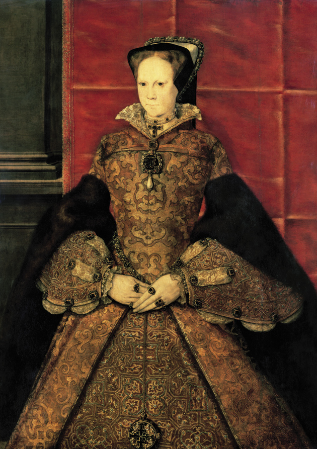 Mary Tudor during her first year as queen; painting by Hans Eworth, 1554. According to Eamon Duffy in Fires of Faith, she is wearing ‘a Tao cross on a choker of pearls at her neck, and hanging from her girdle is a gilt-enamel reliquary with emblems of the Four Evangelists. Relics were denounced and destroyed by Mary’s father and her brother: to display this restored reliquary in an official portrait was an overt declaration of the queen’s religious agenda.’
