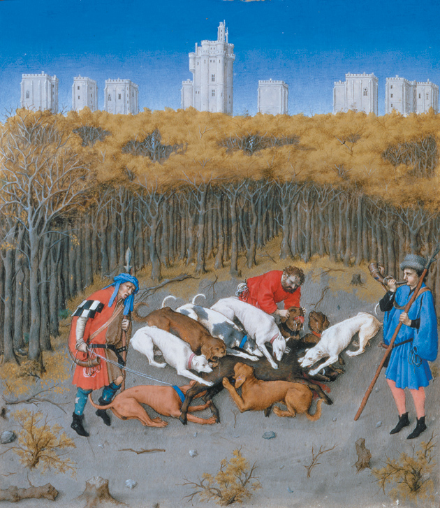 The Limbourg Brothers: ‘Boar Hunt,’ with the Château de Vincennes in the background; detail of a calendar miniature from the Très Riches Heures du Duc de Berry, 1416
