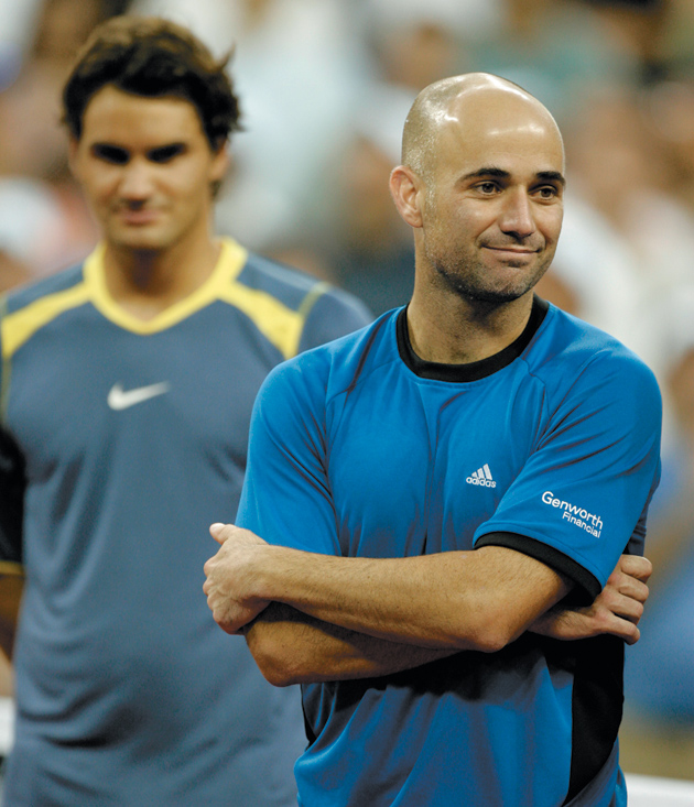 Andre Agassi and Roger Federer at the 2005 US Open, just after Federer defeated Agassi in the men’s final
