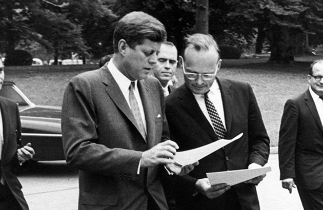 John F. Kennedy and McGeorge Bundy outside the White House, June 13, 1962
